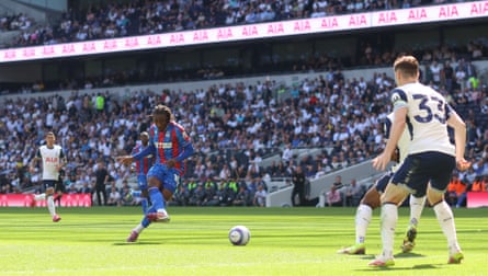 Eberechi Eze scores for Crystal Palace against Tottenham in May. Spurs fans will be dreading the thought of him doing the same in Arsenal colours this season