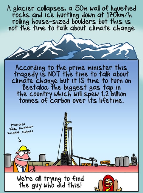 A glacier collapsed in Nepal but now is not the time to talk about climate change apparently, panel 1