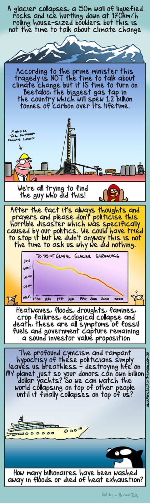 A glacier collapsed in Nepal but now is not the time to talk about climate change apparently, panel 1