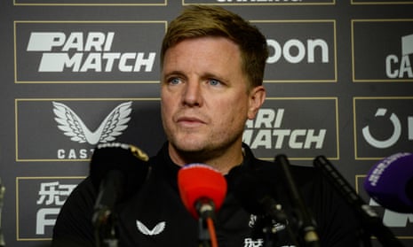 Eddie Howe, Newcastle’s manager, addressing the media on Tuesday in the runup to his team’s game at home to Everton