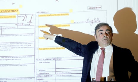 Ghosn pointing to documents which, he claims, show he didn’t extract funds from Nissan illegally