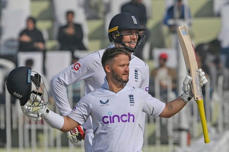 Crawley, Duckett, Pope and Brook hit tons as England records tumble in Pakistan | Pakistan v England 2022 5 England’s Ben Duckett celebrates his century next to his fellow opener Zak Crawley.