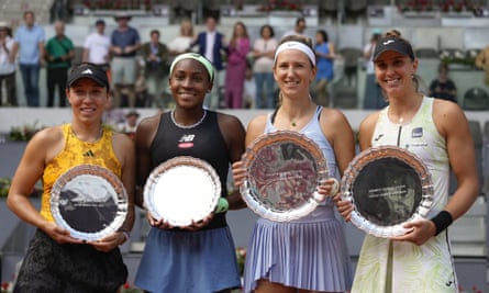 (From left) Jessica Pegula and Coco Gauff pose with Victoria Azarenka and Beatriz Haddad Maia after the women’s doubles final at the Madrid Open.