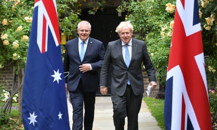 Boris Johnson and Australia’s prime minister, Scott Morrison, in the garden of 10 Downing Street, London.