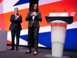 Liverpool, UK. Belarus opposition leader Sviatlana Tsikhanouskaya with party leader Sir Keir Starmer after speaking during the Labour Party Conference