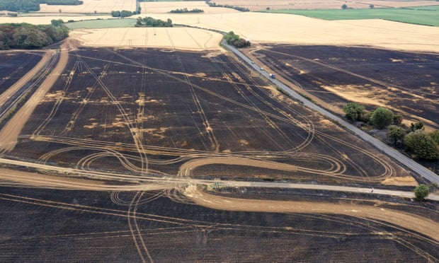 An aerial view of charred farmland after a crop fire near the village of Dinnington, South Yorkshire, in July.