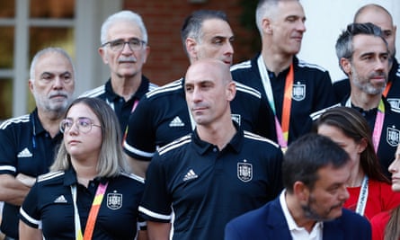 Luis Rubiales with Spain staff and players at their meeting with the prime minister on Monday.