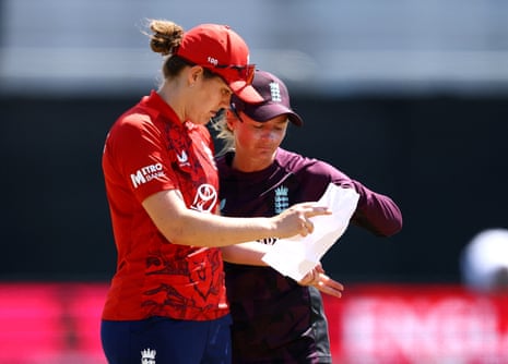 England's Nat Sciver-Brunt and Danni Wyatt-Hodge confer before the T20 match against India.