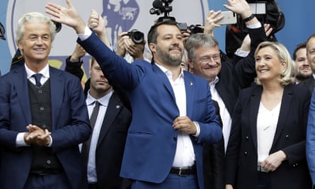 From left, Geert Wilders, leader of Dutch party for Freedom, Matteo Salvini, Jörg Meuthen, leader of Alternative für Deutschland, and Marine Le Pen at a rally in Milan