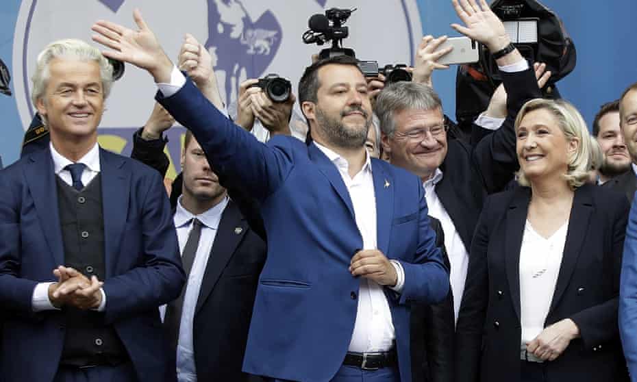 From left, Geert Wilders, Matteo Salvini, Jörg Meuthen (leader of Alternative for Germany) and Marine Le Pen in May.