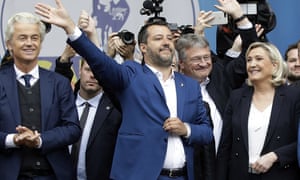 Geert Wilders, left, Matteo Salvini, centre, and Marine Le Pen at a rally of European nationalist and far-right parties in Milan.