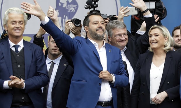 Geert Wilders, left, Matteo Salvini, centre, and Marine Le Pen at a rally of European nationalist and far-right parties in Milan.