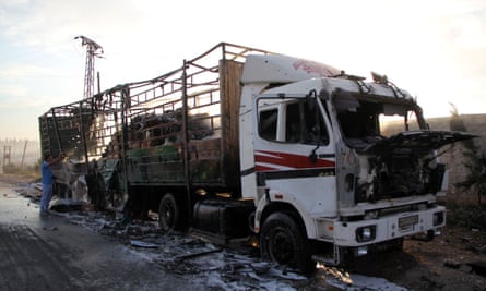 A damaged truck in Aleppo in September 2016, the morning after the aid convoy it was part of was hit by a airstrike.