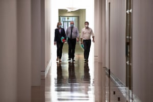 Nationals leader Barnaby Joyce, deptuy David Littleproud and Nationals Senate leader Bridget McKenzie make their way to a Nationals party room meeting to discuss Coalition climate targets yesterday.