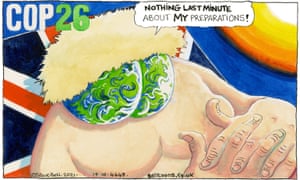 Steve Bell cartoon, 19/10/21: Boris Johnson sunbathes ahead of Cop26