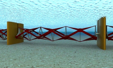 Illustration showing how Kepler Energy’s turbine rotor blades will look installed in a tidal fence configuration.
