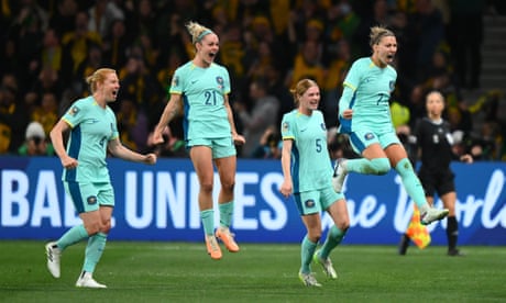 Steph Catley celebrates scoring a late penalty in the 4-0 win over Canada as Australia secured a place in the last 16 of the Women’s World Cup.