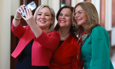 From left: Sinn Féin’s Michelle O'Neill and Mary Lou McDonald with councillor Tina Black at Belfast city hall