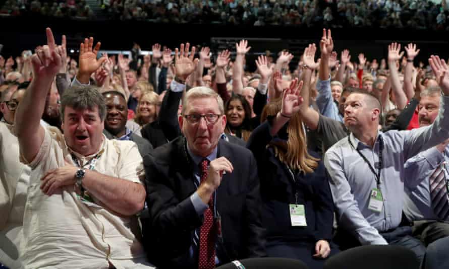 Len McCluskey, general secretary of Unite the Union (centre) and delegates at the Labour party conference in September.