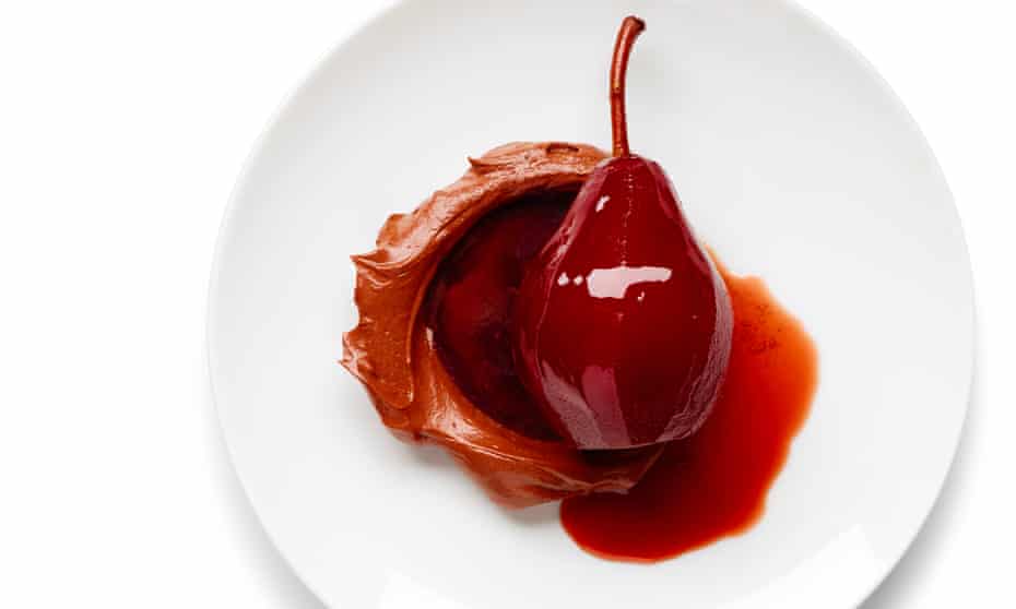Wine-poached pears in a chocolate cream sauce – but feel free to mix and match. Photographs: Dan Matthews for the Guardian. Food styling: Jack Sargeson. 