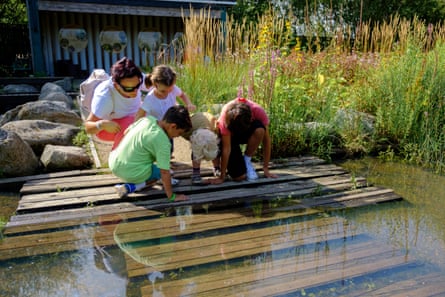 A family look in a pond in the rain garden at the London Wetland Centre.