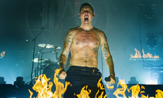 McCall on stage, as Parkway Drive performs at Manchester Apollo in 2019, England