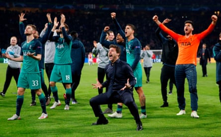 Tottenham celebrate after beating Ajax to reach the Champions League final.