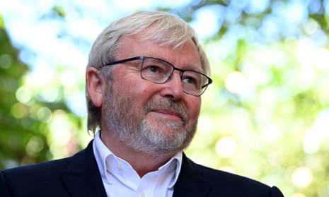 Former Australian prime minister Kevin Rudd speaks to the media during a press conference
