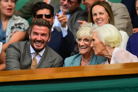 David Beckham in the Royal Box on Centre Court, alongside his mother Sandra and Mary Berry