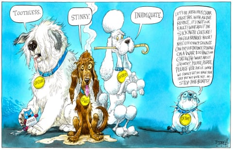 A row of four watchdogs - a hairy dog with a dog tag labelled Ofcom saying “Toothless”, a bedraggled dog with a dog tag labelled Ofwat saying “Stinky”, a poodle with a dog tag labelled Ofsted saying “Inadequate”, and a small fat supine dog with a dog tag labelled Oftory saying “ Look, let’s be absolutely clear about this, with all due respect none of this is our fault, what about the sick note culture, Angela Rayner’s mortgage, NHS efficiency savings paying for defence spending? And growth - what about growth? Please, please vote for us when we finally let you have your say and, er, Stop the boats!, panel 1