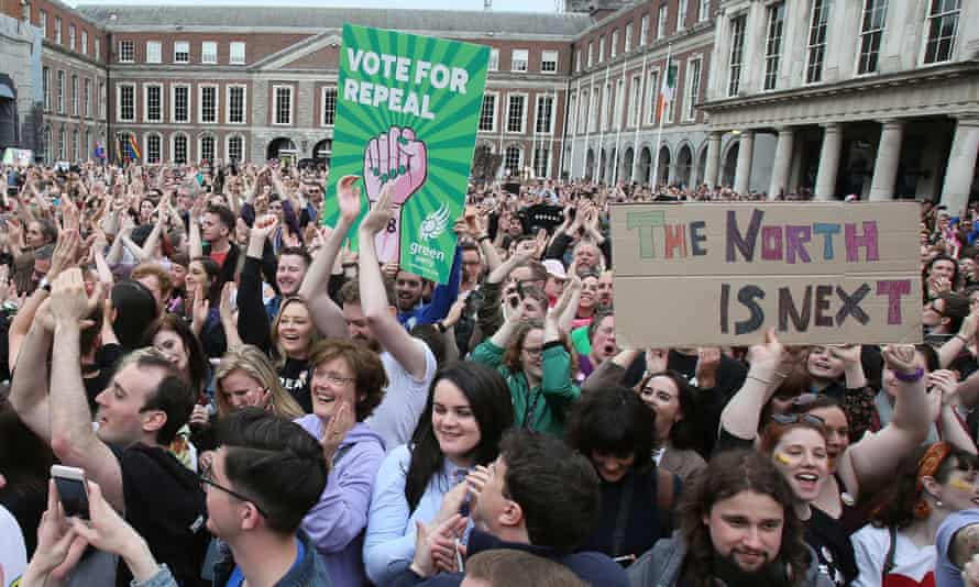 Signs of change … Campaigners in Dublin await the result of the eighth amendment referendum.