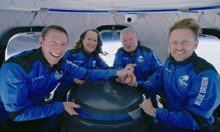 Blue Origin’s New Shepard space passengers from left, Glen de Vries, Audrey Powers, William Shatner, and Chris Boshuizen.