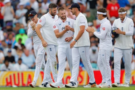 Gus Atkinson celebrates after taking the wicket of India's Prasidh Krishna