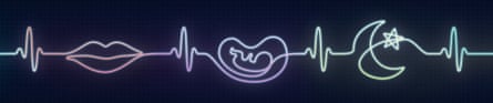 Illustration of a heart beat on a monitor ut in the shape of a mouth, a foetus in a womb and a crescent moon