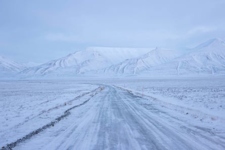 The road to the cabin of Siv Limstrand, in Adventdalen Valley, a 30km valley east of Longyearbyen, during a brief moment of daylight