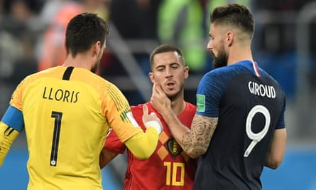 Eden Hazard is consoled by France's Hugo Lloris and Olivier Giroud after Belgium's defeat in the 2018 World Cup semi-final.