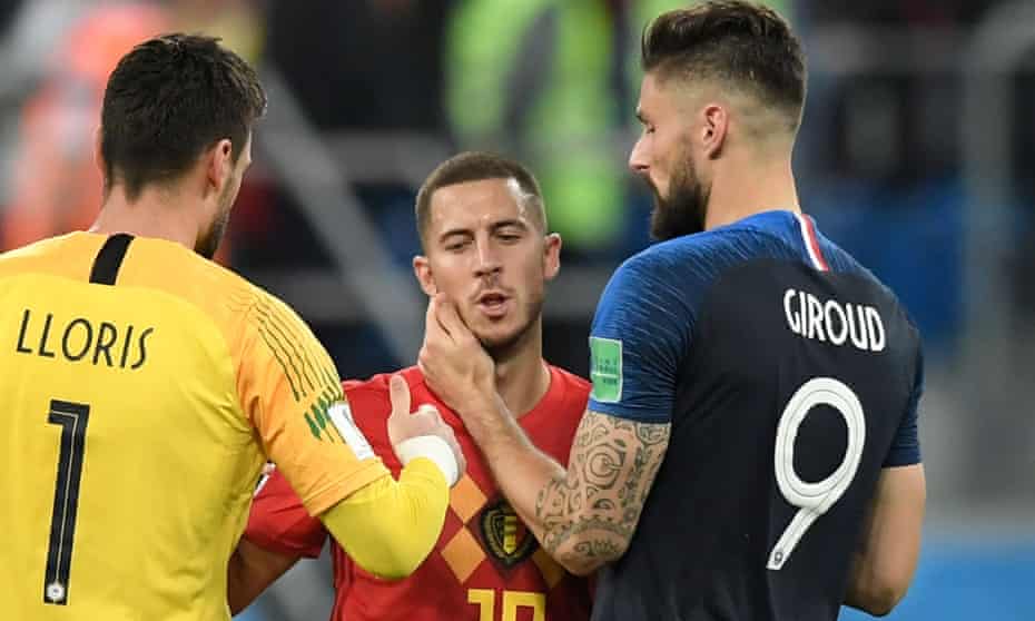 Eden Hazard is consoled by France’s Hugo Lloris and Olivier Giroud after the semi-final.
