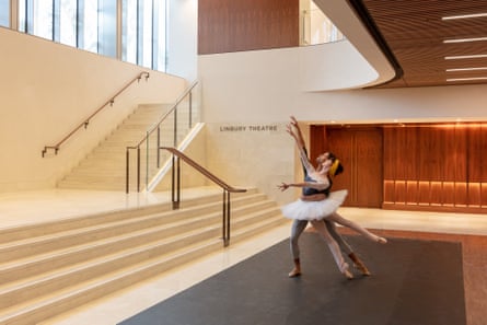 Joseph Sissens and Olivia Cowley of the Royal Ballet in the Royal Opera House’s redesigned Linbury Foyer.