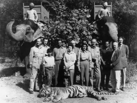 Prince Philip (left) with Prince Jagat-Singh (with his foot on the tiger’s head), the Maharajah of Jaipur, Queen Elizabeth and the Maharanee of Jaipur. The tiger was shot by Philip during a hunt on the royal tour of India in 1961.