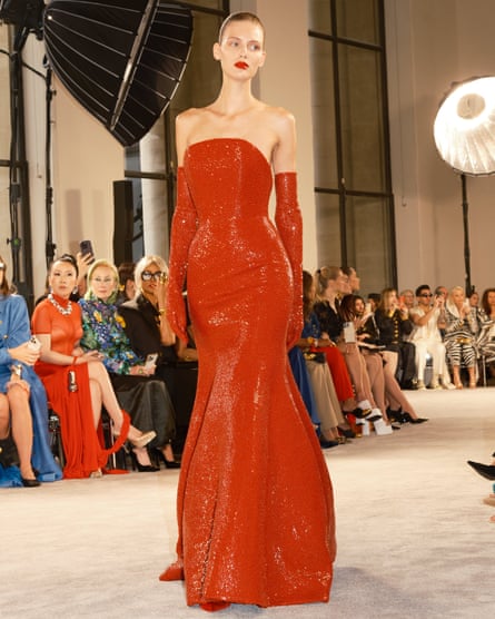 Model wearing red dress