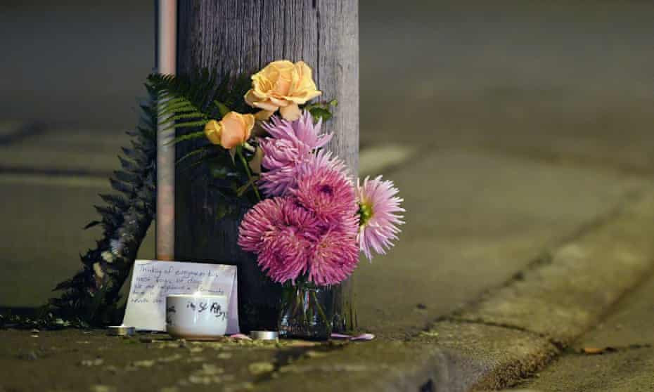 A floral tribute is seen on Linwood Avenue near the Linwood Masjid, Christchurch