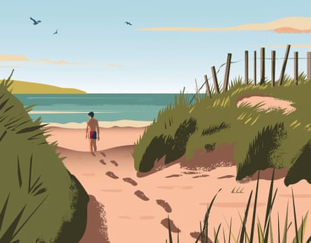 Illustration by Harry Milburn of a boy walking down a shore path to the beach, seen from behind