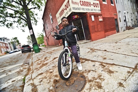 D’Angelo Preston, eight, outside the Honey Carry-Out store – the spot where Bodie was killed in season four.