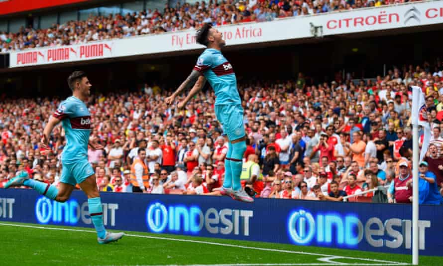 Mauro Zárate celebrates in front of West Ham’s fans after scoring at Arsenal in August 2015.