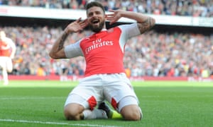 Olivier Giroud celebrates scoring the second goal of his hat-trick against Aston Villa.