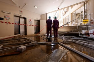 Medical staff inspect the damage at Soroka hospital following a missile strike from Iran in Beersheba