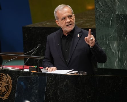 Iran’s president Masoud Pezeshkian speaks at UN.