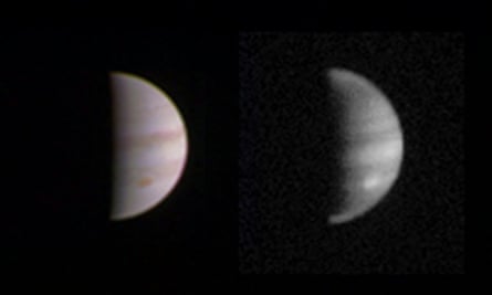 A composite image of two pictures of Jupiter; one with colour filters and one in black and white