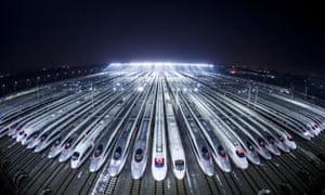 High-speed trains at a depot in Wuhan, China.