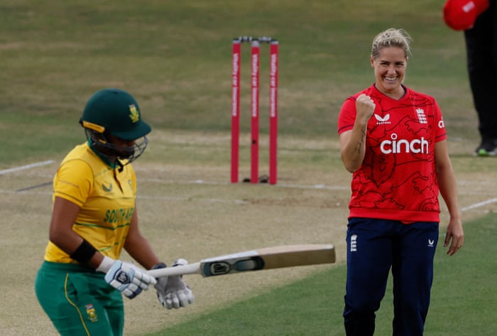 England v South Africa: first women’s T20 international – live! | Women's cricket 7 England’s Katherine Brunt celebrates the wicket of South Africa’s Lara Goodall.